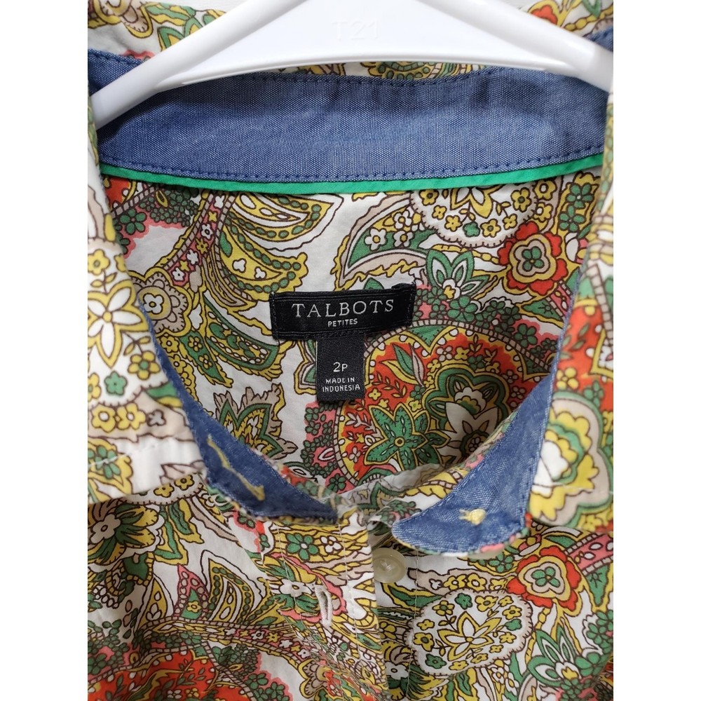 Talbots womens size 2 Petite button up tab long sleeve floral paisley blouse